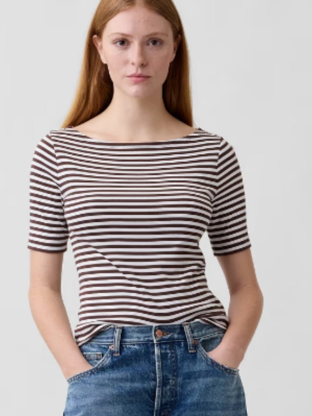 Gap Modern Ribbed Boatneck Brown & White Stripe Short-Sleeve Top - Small